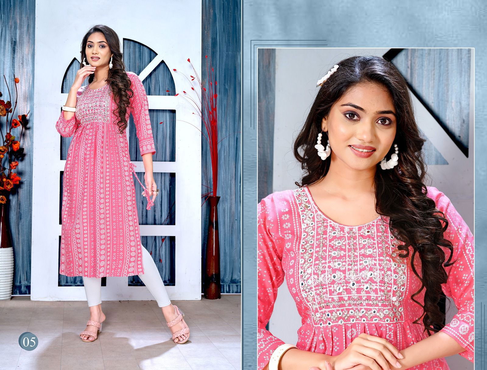 Golden Blissfull 2 Rayon Printed Flared Naira Cut  Kurti Catalog
